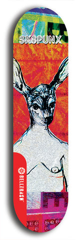 Skateboard deck: Limited edition, North American maple skateboard deck designed by underground artist BellyRash - available widths 7.5 to 8.5 inches in both mellow concave and steep concave shapes. Artwork: SK8PUNX logo brand popsicle-shaped deck