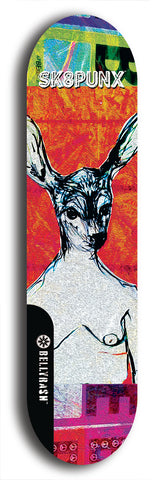 Skateboard deck: Limited edition, North American maple skateboard deck designed by underground artist BellyRash - available widths 7.5 to 8.5 inches in both mellow concave and steep concave shapes. Artwork: SK8PUNX logo brand popsicle-shaped deck