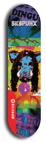 Skateboard deck: Limited edition, North American maple skateboard deck designed by underground artist BellyRash - available widths 7.5 to 8.5 inches in both mellow concave and steep concave shapes. Artwork: SK8PUNX logo brand popsicle-shaped deck