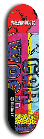 Skateboard deck: Limited edition, North American maple skateboard deck designed by underground artist BellyRash - available widths 7.5 to 8.5 inches in both mellow concave and steep concave shapes. Artwork: SK8PUNX logo brand popsicle-shaped deck