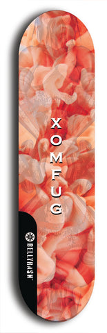 Skateboard deck: Limited edition, North American maple skateboard deck designed by underground artist BellyRash - available widths 7.5 to 8.5 inches in both mellow concave and steep concave shapes. Artwork: XOMFUG logo brand popsicle-shaped deck