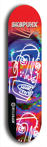 Skateboard deck: Limited edition, North American maple skateboard deck designed by underground artist BellyRash - available widths 7.5 to 8.5 inches in both mellow concave and steep concave shapes. Artwork: SK8PUNX logo brand popsicle-shaped deck