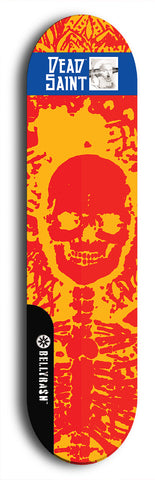 Skateboard deck: Limited edition, North American maple skateboard deck designed by underground artist BellyRash - available widths 7.5 to 8.5 inches in both mellow concave and steep concave shapes. Artwork: DEAD SAINT logo brand popsicle-shaped deck 