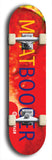 Limited edition, North American maple skateboard deck designed by underground artist BellyRash - available widths 7.5 to 8.5 inches in both mellow concave and steep concave shapes. Artwork: MEATBOOGER brand popsicle-shaped with large word logo on a multi-colored patterned background