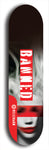 Skateboard deck: Limited edition, North American maple skateboard deck designed by underground artist BellyRash - available widths 7.5 to 8.5 inches in both mellow concave and steep concave shapes. Artwork: BANNED brand popsicle-shaped deck with muted black and white woman with red mask long flowing hair in background