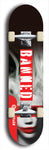 Skateboard deck: Limited edition, North American maple skateboard deck designed by underground artist BellyRash - available widths 7.5 to 8.5 inches in both mellow concave and steep concave shapes. Artwork: BANNED brand popsicle-shaped deck with muted black and white woman with red mask long flowing hair in background