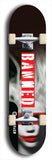 Skateboard deck: Limited edition, North American maple skateboard deck designed by underground artist BellyRash - available widths 7.5 to 8.5 inches in both mellow concave and steep concave shapes. Artwork: BANNED brand popsicle-shaped deck with muted black and white woman with red mask long flowing hair in background