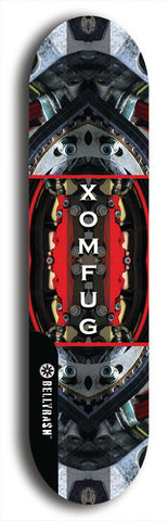 Skateboard deck: Limited edition, North American maple skateboard deck designed by underground artist BellyRash - available widths 7.5 to 8.5 inches in both mellow concave and steep concave shapes. Artwork: XOMFUG logo brand popsicle-shaped deck