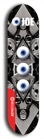 Skateboard deck: Limited edition, North American maple skateboard deck designed by underground artist BellyRash - available widths 7.5 to 8.5 inches in both mellow concave and steep concave shapes. Artwork: EYEBALL JOE logo brand popsicle-shaped deck 