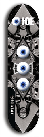 Skateboard deck: Limited edition, North American maple skateboard deck designed by underground artist BellyRash - available widths 7.5 to 8.5 inches in both mellow concave and steep concave shapes. Artwork: EYEBALL JOE logo brand popsicle-shaped deck 