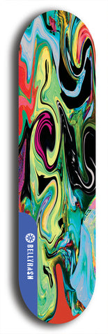 Skateboard deck: Limited edition, North American maple skateboard deck designed by underground artist BellyRash - available widths 7.5 to 8.5 inches in both mellow concave and steep concave shapes. Artwork: ABEX LIQUID brand popsicle-shaped with a multi-colored swirling patterned background