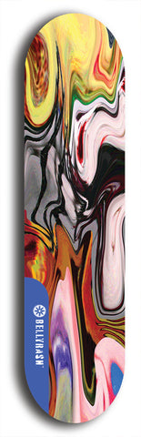 Skateboard deck: Limited edition, North American maple skateboard deck designed by underground artist BellyRash - available widths 7.5 to 8.5 inches in both mellow concave and steep concave shapes. Artwork: ABEX LIQUID brand popsicle-shaped with a multi-colored swirling patterned background