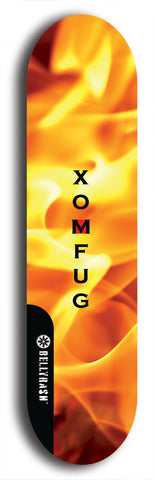 Skateboard deck: Limited edition, North American maple skateboard deck designed by underground artist BellyRash - available widths 7.5 to 8.5 inches in both mellow concave and steep concave shapes. Artwork: XOMFUG logo brand popsicle-shaped deck