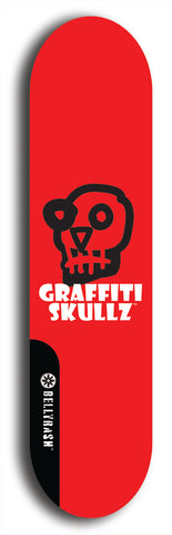 Skateboard deck: Limited edition, North American maple skateboard deck designed by underground artist BellyRash - available widths 7.5 to 8.5 inches in both mellow concave and steep concave shapes. Artwork: GRAFFITI SKULLZ logo brand popsicle-shaped deck with graffiti or street art background