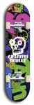 Skateboard deck: Limited edition, North American maple skateboard deck designed by underground artist BellyRash - available widths 7.5 to 8.5 inches in both mellow concave and steep concave shapes. Artwork: GRAFFITI SKULLZ logo brand popsicle-shaped deck with graffiti or street art background