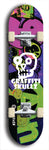 Skateboard deck: Limited edition, North American maple skateboard deck designed by underground artist BellyRash - available widths 7.5 to 8.5 inches in both mellow concave and steep concave shapes. Artwork: GRAFFITI SKULLZ logo brand popsicle-shaped deck with graffiti or street art background