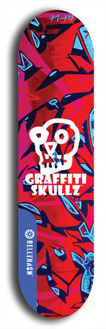 Skateboard deck: Limited edition, North American maple skateboard deck designed by underground artist BellyRash - available widths 7.5 to 8.5 inches in both mellow concave and steep concave shapes. Artwork: GRAFFITI SKULLZ logo brand popsicle-shaped deck with graffiti or street art background