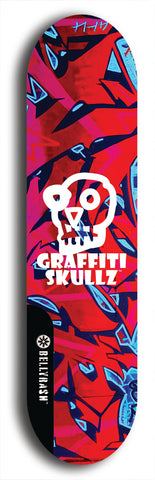 Skateboard deck: Limited edition, North American maple skateboard deck designed by underground artist BellyRash - available widths 7.5 to 8.5 inches in both mellow concave and steep concave shapes. Artwork: GRAFFITI SKULLZ logo brand popsicle-shaped deck with graffiti or street art background