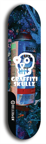 Skateboard deck: Limited edition, North American maple skateboard deck designed by underground artist BellyRash - available widths 7.5 to 8.5 inches in both mellow concave and steep concave shapes. Artwork: GRAFFITI SKULLZ logo brand popsicle-shaped deck with graffiti or street art background