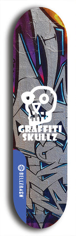 Skateboard deck: Limited edition, North American maple skateboard deck designed by underground artist BellyRash - available widths 7.5 to 8.5 inches in both mellow concave and steep concave shapes. Artwork: GRAFFITI SKULLZ logo brand popsicle-shaped deck with graffiti or street art background