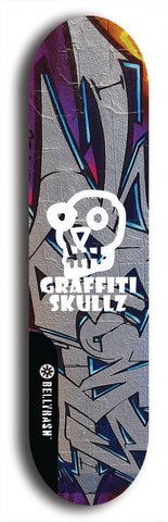 Skateboard deck: Limited edition, North American maple skateboard deck designed by underground artist BellyRash - available widths 7.5 to 8.5 inches in both mellow concave and steep concave shapes. Artwork: GRAFFITI SKULLZ logo brand popsicle-shaped deck with graffiti or street art background