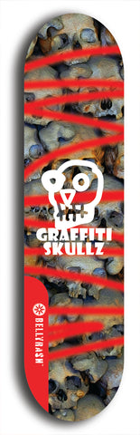 Skateboard deck: Limited edition, North American maple skateboard deck designed by underground artist BellyRash - available widths 7.5 to 8.5 inches in both mellow concave and steep concave shapes. Artwork: GRAFFITI SKULLZ logo brand popsicle-shaped deck with graffiti or street art background