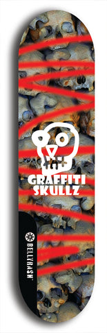 Skateboard deck: Limited edition, North American maple skateboard deck designed by underground artist BellyRash - available widths 7.5 to 8.5 inches in both mellow concave and steep concave shapes. Artwork: GRAFFITI SKULLZ logo brand popsicle-shaped deck with graffiti or street art background