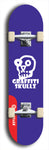 Skateboard deck: Limited edition, North American maple skateboard deck designed by underground artist BellyRash - available widths 7.5 to 8.5 inches in both mellow concave and steep concave shapes. Artwork: GRAFFITI SKULLZ logo brand popsicle-shaped deck with graffiti or street art background