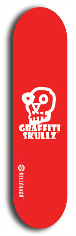 Skateboard deck: Limited edition, North American maple skateboard deck designed by underground artist BellyRash - available widths 7.5 to 8.5 inches in both mellow concave and steep concave shapes. Artwork: GRAFFITI SKULLZ logo brand popsicle-shaped deck with graffiti or street art background