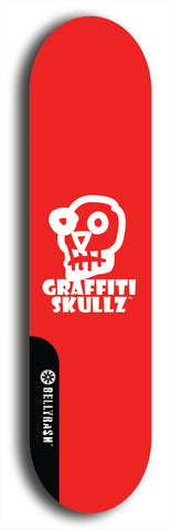 Skateboard deck: Limited edition, North American maple skateboard deck designed by underground artist BellyRash - available widths 7.5 to 8.5 inches in both mellow concave and steep concave shapes. Artwork: GRAFFITI SKULLZ logo brand popsicle-shaped deck with graffiti or street art background