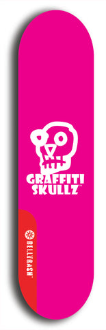 Skateboard deck: Limited edition, North American maple skateboard deck designed by underground artist BellyRash - available widths 7.5 to 8.5 inches in both mellow concave and steep concave shapes. Artwork: GRAFFITI SKULLZ logo brand popsicle-shaped deck with graffiti or street art background