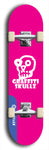 Skateboard deck: Limited edition, North American maple skateboard deck designed by underground artist BellyRash - available widths 7.5 to 8.5 inches in both mellow concave and steep concave shapes. Artwork: GRAFFITI SKULLZ logo brand popsicle-shaped deck with graffiti or street art background