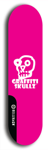 Skateboard deck: Limited edition, North American maple skateboard deck designed by underground artist BellyRash - available widths 7.5 to 8.5 inches in both mellow concave and steep concave shapes. Artwork: GRAFFITI SKULLZ logo brand popsicle-shaped deck with graffiti or street art background