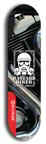 Skateboard deck: Limited edition, North American maple skateboard deck designed by underground artist BellyRash - available widths 7.5 to 8.5 inches in both mellow concave and steep concave shapes. Artwork: BASTARD BIKER logo brand popsicle-shaped deck with mechanical design in background