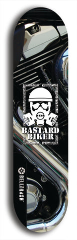 Skateboard deck: Limited edition, North American maple skateboard deck designed by underground artist BellyRash - available widths 7.5 to 8.5 inches in both mellow concave and steep concave shapes. Artwork: BASTARD BIKER logo brand popsicle-shaped deck with mechanical design in background