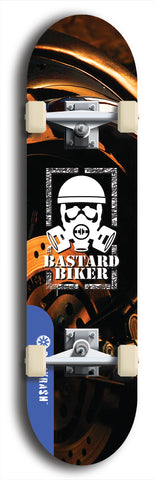 Skateboard deck: Limited edition, North American maple skateboard deck designed by underground artist BellyRash - available widths 7.5 to 8.5 inches in both mellow concave and steep concave shapes. Artwork: BASTARD BIKER logo brand popsicle-shaped deck with mechanical design in background