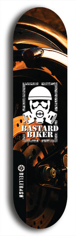 Skateboard deck: Limited edition, North American maple skateboard deck designed by underground artist BellyRash - available widths 7.5 to 8.5 inches in both mellow concave and steep concave shapes. Artwork: BASTARD BIKER logo brand popsicle-shaped deck with mechanical design in background