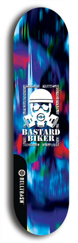 Skateboard deck: Limited edition, North American maple skateboard deck designed by underground artist BellyRash - available widths 7.5 to 8.5 inches in both mellow concave and steep concave shapes. Artwork: BASTARD BIKER logo brand popsicle-shaped deck with mechanical design in background