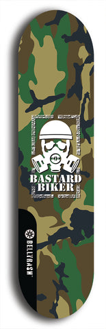 Skateboard deck: Limited edition, North American maple skateboard deck designed by underground artist BellyRash - available widths 7.5 to 8.5 inches in both mellow concave and steep concave shapes. Artwork: BASTARD BIKER logo brand popsicle-shaped deck with mechanical design in background