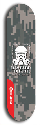 Skateboard deck: Limited edition, North American maple skateboard deck designed by underground artist BellyRash - available widths 7.5 to 8.5 inches in both mellow concave and steep concave shapes. Artwork: BASTARD BIKER logo brand popsicle-shaped deck with mechanical design in background