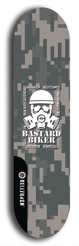 Skateboard deck: Limited edition, North American maple skateboard deck designed by underground artist BellyRash - available widths 7.5 to 8.5 inches in both mellow concave and steep concave shapes. Artwork: BASTARD BIKER logo brand popsicle-shaped deck with mechanical design in background