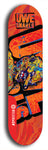 Limited edition, North American maple skateboard deck designed by underground artist BellyRash -- available in widths 7.5 to 8.5 inches in both mellow concave and steep concave shapes. Artwork: UWE KARL SNARLS brand popsicle-shaped skateboard deck with swirly monster, giant UWE KARL logo and an orange background