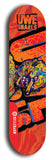 Limited edition, North American maple skateboard deck designed by underground artist BellyRash -- available in widths 7.5 to 8.5 inches in both mellow concave and steep concave shapes. Artwork: UWE KARL SNARLS brand popsicle-shaped skateboard deck with swirly monster, giant UWE KARL logo and an orange background