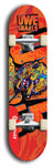 Limited edition, North American maple skateboard deck designed by underground artist BellyRash -- available in widths 7.5 to 8.5 inches in both mellow concave and steep concave shapes. Artwork: UWE KARL SNARLS brand popsicle-shaped skateboard deck with swirly monster, giant UWE KARL logo and an orange background