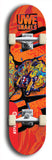 Limited edition, North American maple skateboard deck designed by underground artist BellyRash -- available in widths 7.5 to 8.5 inches in both mellow concave and steep concave shapes. Artwork: UWE KARL SNARLS brand popsicle-shaped skateboard deck with swirly monster, giant UWE KARL logo and an orange background