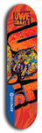 Limited edition, North American maple skateboard deck designed by underground artist BellyRash -- available in widths 7.5 to 8.5 inches in both mellow concave and steep concave shapes. Artwork: UWE KARL SNARLS brand popsicle-shaped skateboard deck with swirly monster, giant UWE KARL logo and an orange background