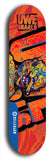 Limited edition, North American maple skateboard deck designed by underground artist BellyRash -- available in widths 7.5 to 8.5 inches in both mellow concave and steep concave shapes. Artwork: UWE KARL SNARLS brand popsicle-shaped skateboard deck with swirly monster, giant UWE KARL logo and an orange background