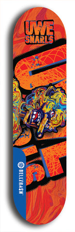 Limited edition, North American maple skateboard deck designed by underground artist BellyRash -- available in widths 7.5 to 8.5 inches in both mellow concave and steep concave shapes. Artwork: UWE KARL SNARLS brand popsicle-shaped skateboard deck with swirly monster, giant UWE KARL logo and an orange background