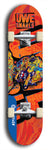 Limited edition, North American maple skateboard deck designed by underground artist BellyRash -- available in widths 7.5 to 8.5 inches in both mellow concave and steep concave shapes. Artwork: UWE KARL SNARLS brand popsicle-shaped skateboard deck with swirly monster, giant UWE KARL logo and an orange background