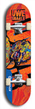 Limited edition, North American maple skateboard deck designed by underground artist BellyRash -- available in widths 7.5 to 8.5 inches in both mellow concave and steep concave shapes. Artwork: UWE KARL SNARLS brand popsicle-shaped skateboard deck with swirly monster, giant UWE KARL logo and an orange background